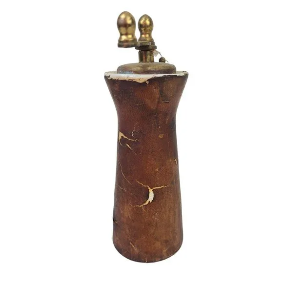 Distressed Leather Salt and Pepper Set Marcello Fantoni Inspired Italy 1960's